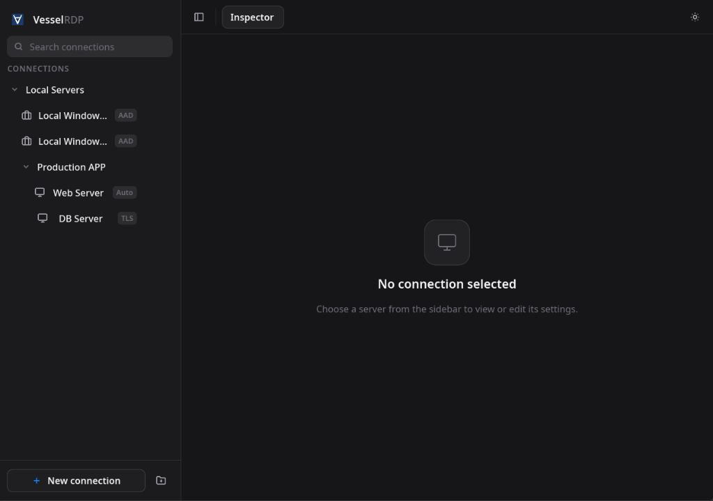 Vessel RDP Connection Manager interface preview running on Linux