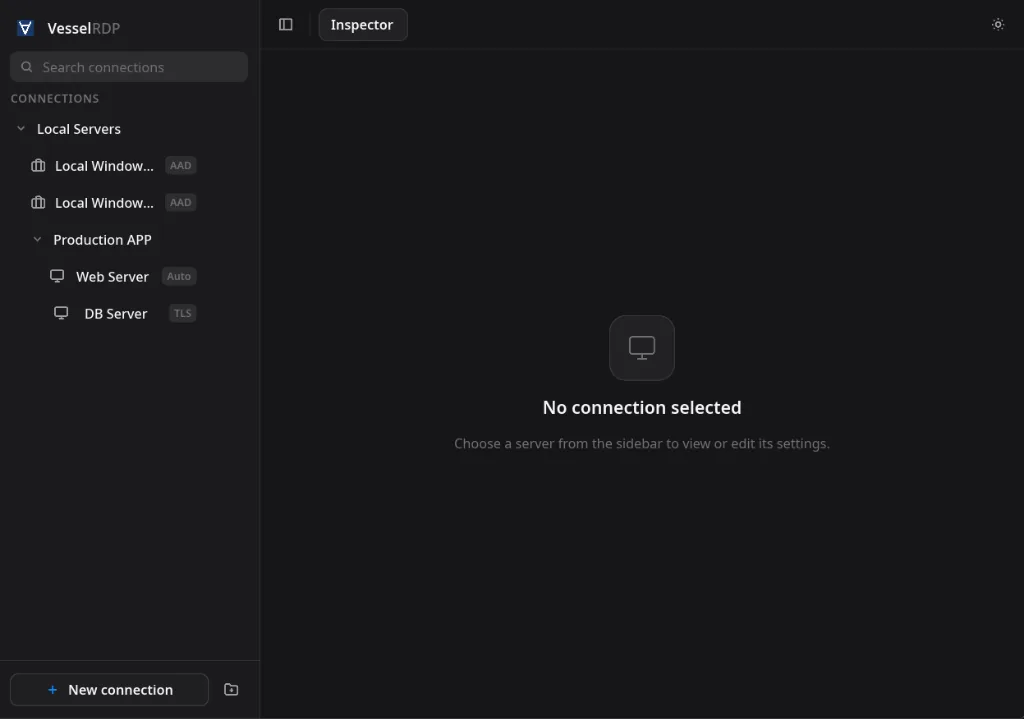 Vessel RDP Connection Manager interface dashboard screenshot